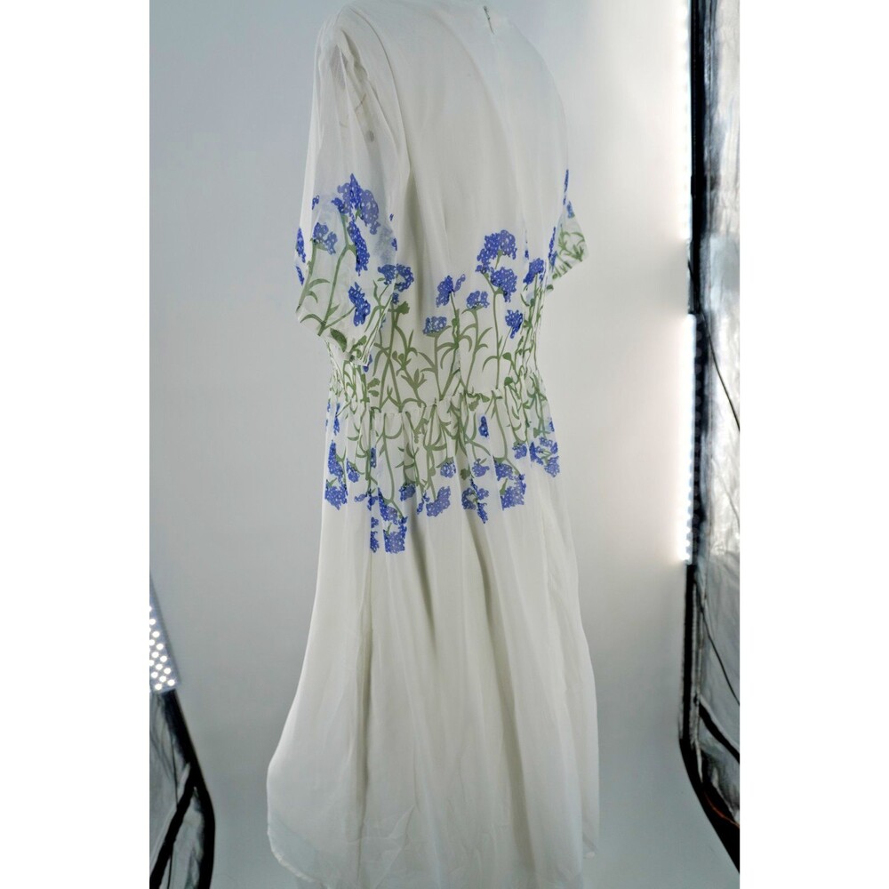 Feiman White Floral Chiffon Midi Dress Short Sleeve Blue Embroidery Size M - Picture 9 of 11